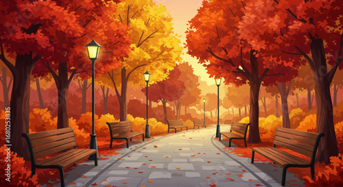 Illustration of a peaceful park in fall season with red and yellow trees, pathway, and benches