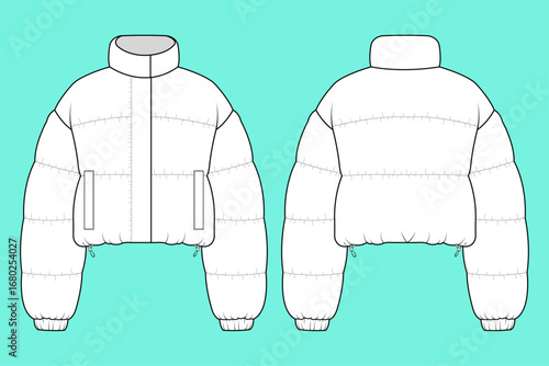 Women's Long Sleeve Funnel Neck Puffer Crop Jacket Fashion Flat Sketch Vector Illustrator CAD Mockup Template.