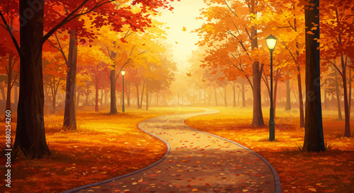 cenic autumn park illustration with trees, leaves on the ground, 