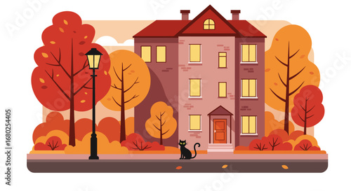 Vector illustration of an autumn cityscape with an apartment building, red roof, black cat at the doorstep