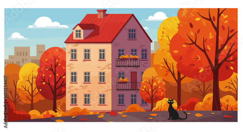 Vector illustration of an autumn cityscape with an apartment building, red roof, black cat at the doorstep