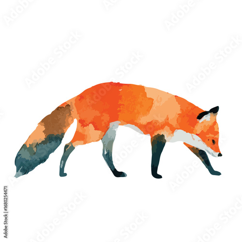 Watercolor Fox Striding Forward with Orange and Blue Hues