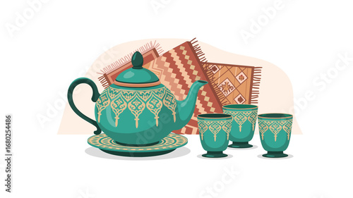 Elegant Moroccan Tea Set with Teapot, Cups, and Rugs: A Decorative Still Life for Cultural Themes and Traditional Beverage Illustrations