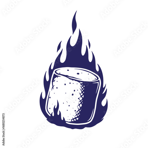 Toasted marshmallow illustration within flames for camping dessert and campfire fun