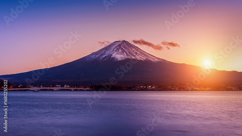 Fuji mountain and Kawaguchiko lake at sunset, Autumn seasons Fuji mountain at yamanachi in Japan.