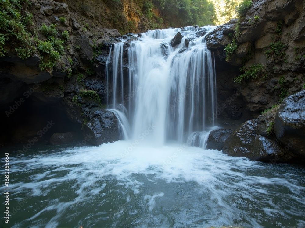 Naklejka premium Waterfall Crashing into Rocky Pool in the forest