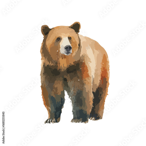 Watercolor Grizzly Bear Standing Frontally with Detailed Fur and Expression