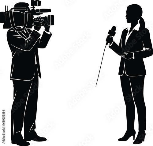 Silhouette of journalist and cameraman, TV news reporting scene, media crew filming, female reporter interview, professional news broadcasting setup