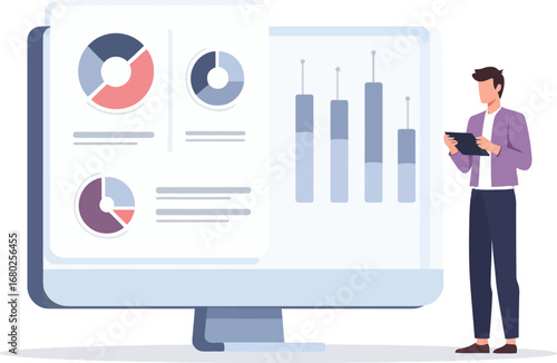 Data analyst or businessman working with charts and graphs on a large computer screen
