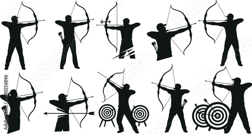 Archery silhouette, male archer aiming bow and arrow, target shooting, archery sport, precision, competition, outdoor activity, archery training, bow shooting, arrows