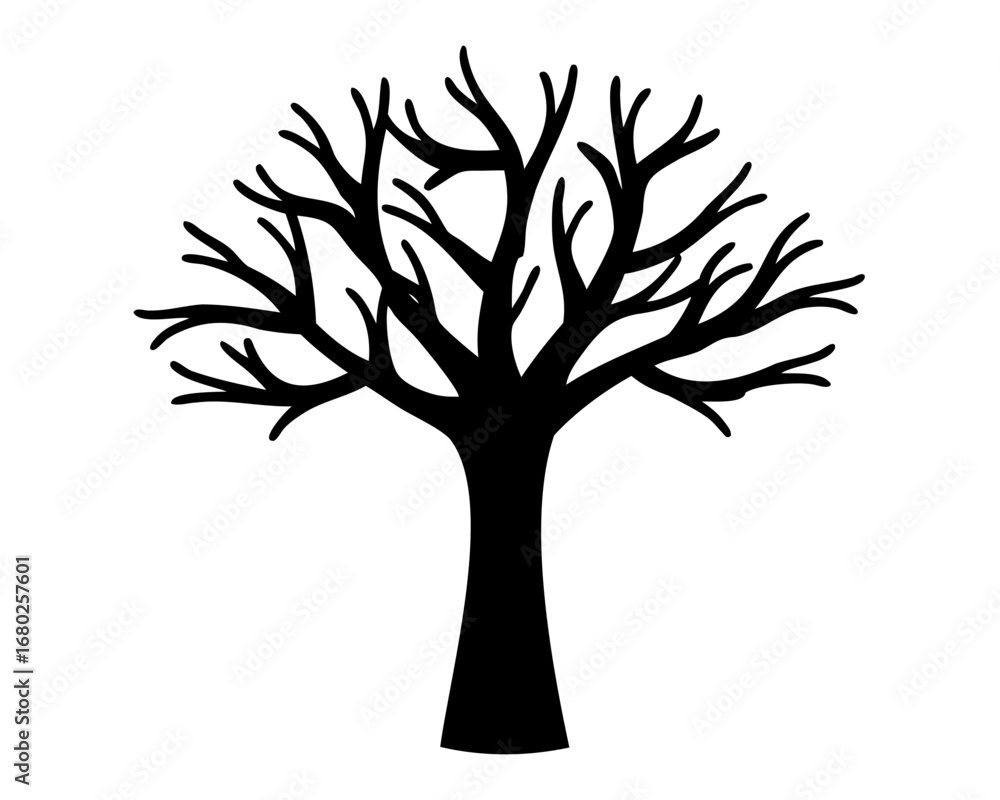 Fototapeta premium Simple black silhouette of a tree with many bare branches illustration