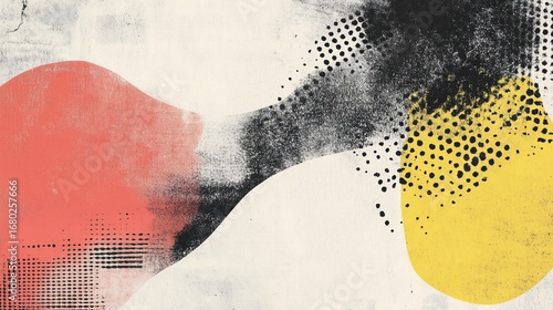 Abstract Red, yellow, and black blobs blend on a speckled, textured light backdrop