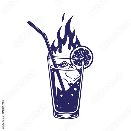 Vector illustration of a fiery cocktail with ice and a lemon slice ready to be served