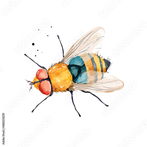 Watercolor Illustration of a Detailed Fly with Striking Color Palette