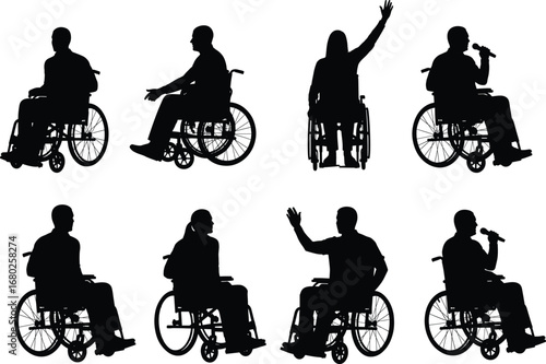 Silhouette of people in wheelchairs, disability inclusion, accessibility, diverse individuals, communication, independence, and empowerment vector illustration design