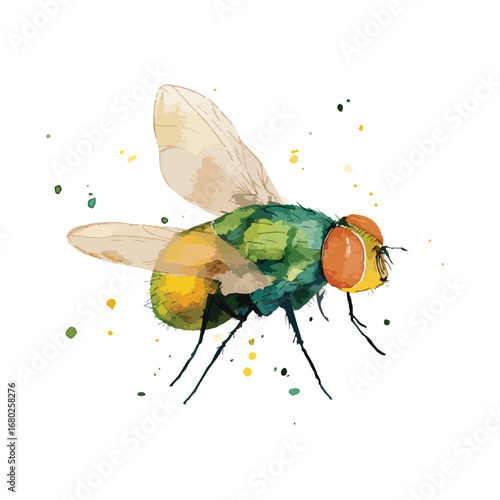 Watercolor Illustration of a Detailed Fly with Vibrant Colors and Splatter