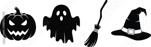 Halloween silhouettes featuring a pumpkin, ghost, broom and witch hat for a spooky celebration