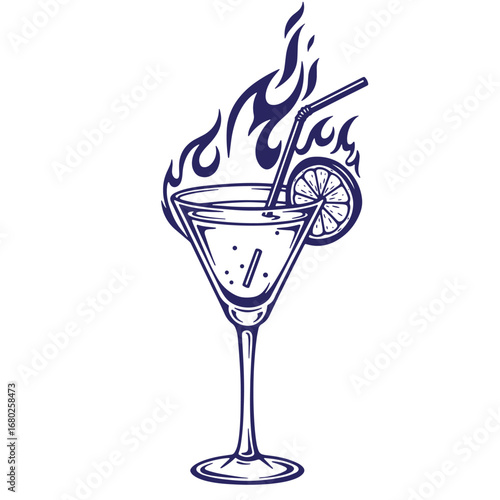 Vector illustration of a martini cocktail with lemon slice and flames design
