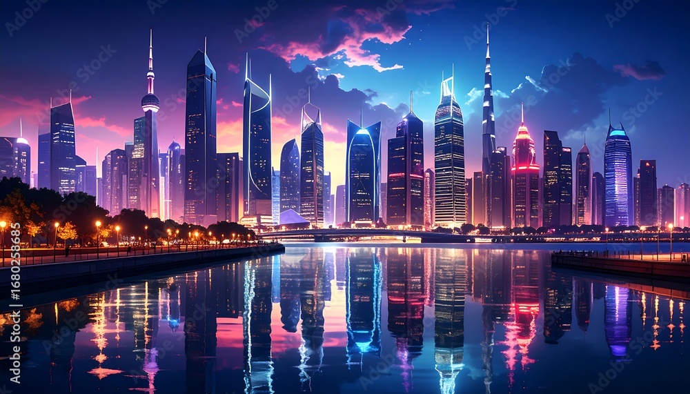 Obraz premium City skyline at twilight, vibrant colors, reflected in water
