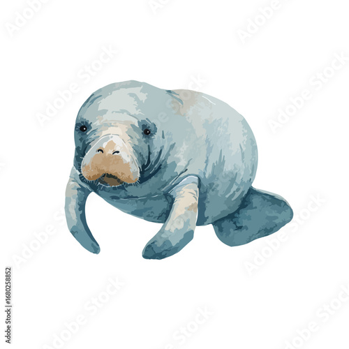 Watercolor Illustration of a Gentle Manatee with Detailed Facial Features