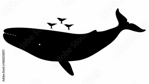 Silhouette of a whale with three birds perched on its back in a simple black and white illustration style