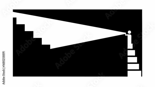 A black and white image shows a person at the top of a staircase with a light shining down the stairs silhouette