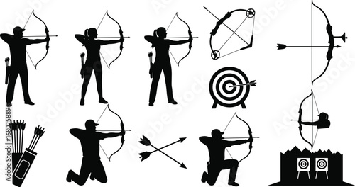 Archery silhouettes, male and female archers aiming bows and arrows, target practice, archery equipment, precision shooting, outdoor sport, archery training