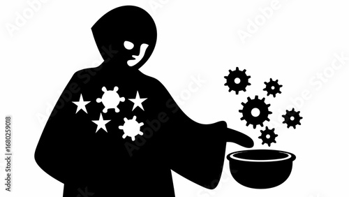 Silhouette of a cloaked figure with stars and snowflake shapes casting gears into a cauldron or bowl