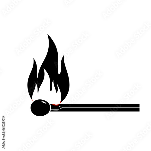 Illustration of a burning matchstick with a black flame and a white background