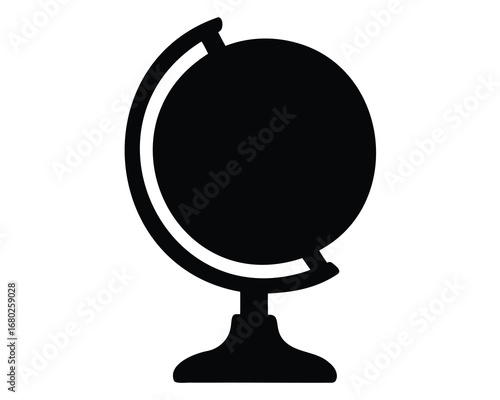 Black and white illustration of a globe on a stand against white background