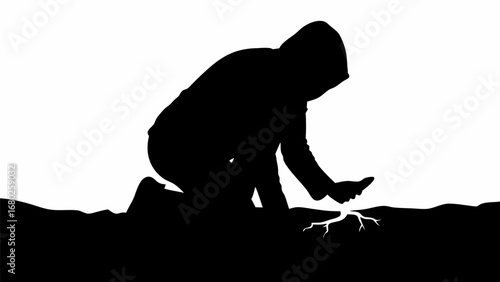 Silhouette of hooded figure kneeling and touching a cracked surface in a stark monochrome setting outdoors