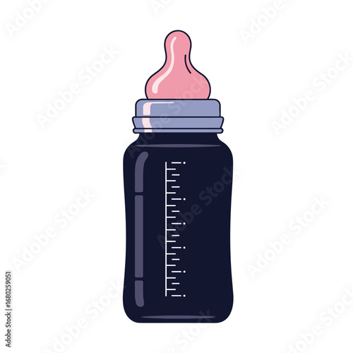 A sleek dark navy blue baby bottle with measurement markings and a pink nipple designed for infant feeding and nourishment