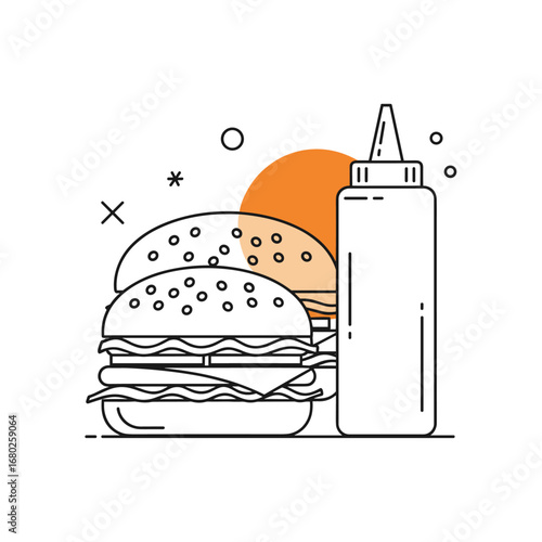 Delicious double decker burger with cheese and a squeeze bottle of condiments for your meal