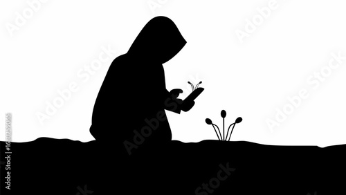 Silhouette of hooded figure examining plant life in a monochrome landscape with a stark white background