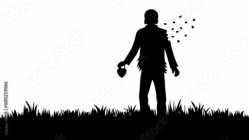 Silhouette of a man holding a heart shaped object with pieces flying off him in a field of grass art