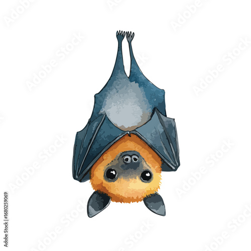 Watercolor Illustration of a Hanging Bat with Orange Fur and Dark Wings