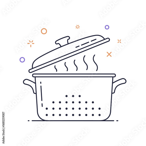 Cooking a delicious meal in a large stockpot with a steaming lid revealing simmering ingredients ready for enjoyment