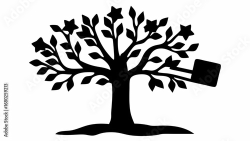 Silhouette of a tree with star shaped fruits and leaves and a black box hanging from a branch on white