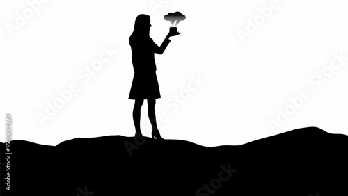 Silhouette of a woman holding a steaming cup on a dark hill against a white background in monochrome art