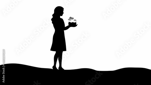 Silhouette of a woman holding a jar with clouds standing on a hill in black and white illustration
