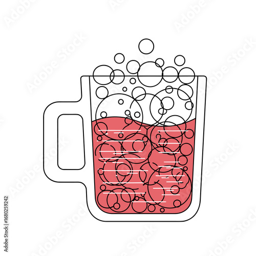Refreshing fizzy drink in a clear glass mug with a handle full of bubbly effervescence and rising circles