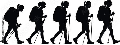 Silhouette of woman hiking with backpack, trekking poles, outdoor adventure, walking sequence, mountain trail, active lifestyle, nature travel, exploration
