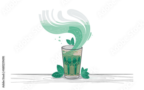 Moroccan Mint Tea Illustration: A Vibrant Glass with Intricate Gold Details and Aromatic Green Vapors on a Stylized Wooden Surface.