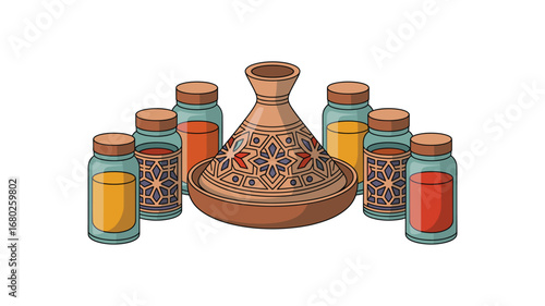 Traditional Moroccan Tagine Pot with Spice Jars: Authentic Cuisine, Culinary Art, and Flavorful Ingredients in a Vibrant, Illustrated Still Life Composition.