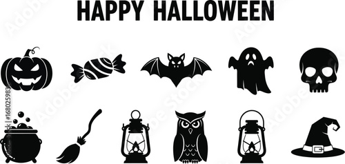 Happy halloween silhouette with pumpkin, candy, bat, ghost, skull, cauldron, broom, lantern, and owl