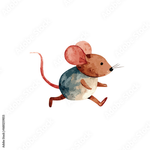 Watercolor Illustration of a Running Mouse with Pink Ears and Tail