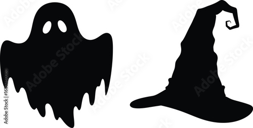 Spooky halloween silhouette of a ghost and witch hat for festive decoration and party invitation