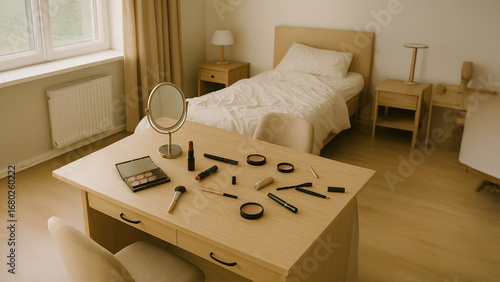 Cozy Minimalist Bedroom with Makeup Table and Beauty Products