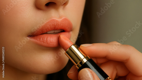 Close-Up of Woman Applying Peach Lipstick on Lips
