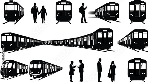 Black silhouette of trains, commuters walking, metro subway transportation, public transit, train front view, urban travel, city train movement